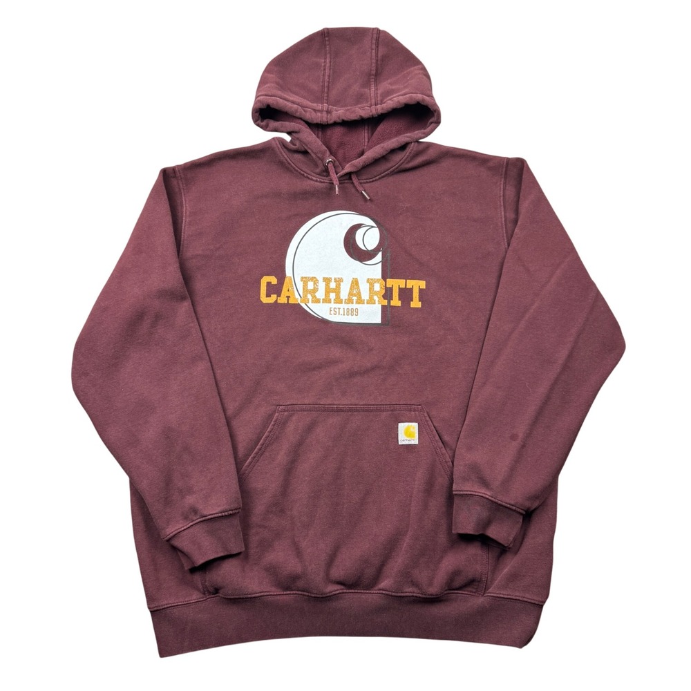 Carhartt Mens XL Loose Fit Graphic Hoodie Maroon Burgundy Workwear Heavyweight